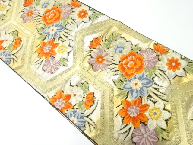 アンティーク　毘沙門亀甲に草花模様織り出し袋帯（材料）